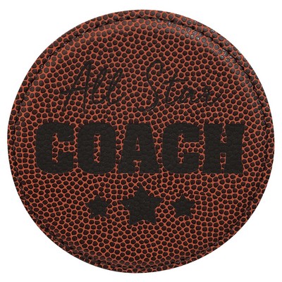 Round Coaster, Football Brown Faux Leather, Engraved, 4" Dia