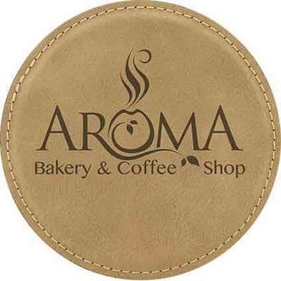 Round Coaster, Light Brown Faux Leather, Engraved, 4" Dia