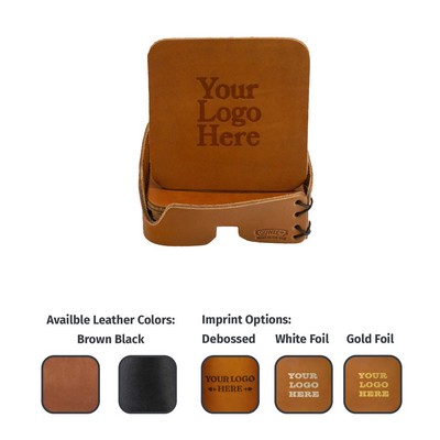 Square Leather Coaster Sets of 4 with Holder in Gift Box - Made in USA