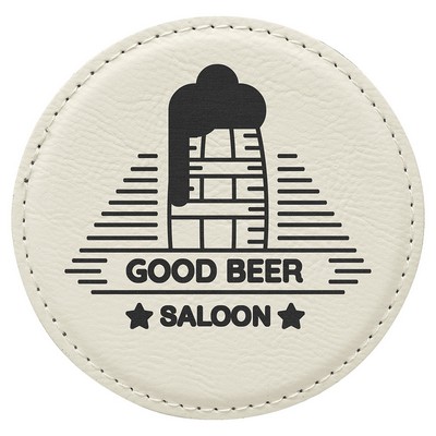 Round Coaster, White Faux Leather, Engraved, 4" Dia