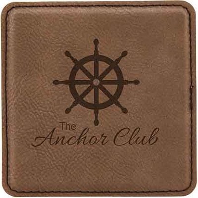 Square Coaster, Dark Brown Faux Leather, Engraved, 4x4"