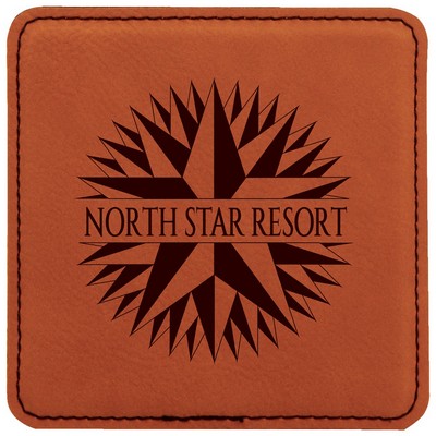 Square Coaster, Rawhide Faux Leather, Engraved, 4x4"