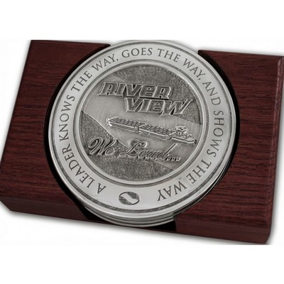 3.75" Custom Pewter Executive Coasters - Set of 4 w/ Flat Holder
