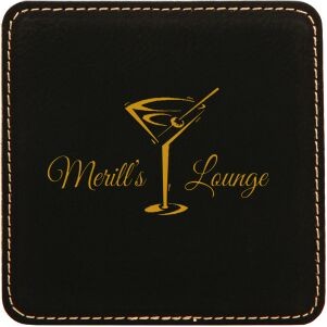 Square Coaster, Black Faux Leather, Engraved, 4x4"
