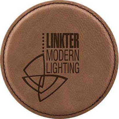 Round Coaster, Dark Brown Faux Leather, Engraved, 4" Dia