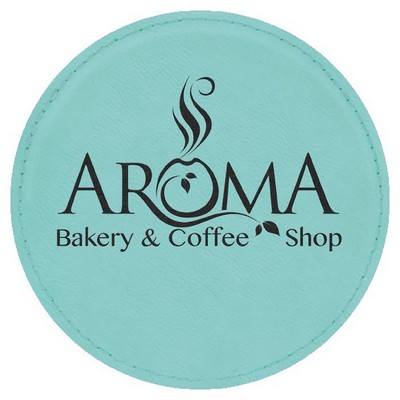 Round Coaster, Teal Faux Leather, Engraved, 4" Dia