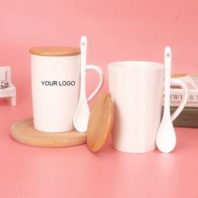 12oz Ceramic Mug with Wooden Lid and Porcelain Spoon