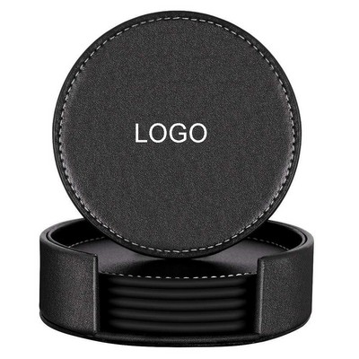 6 Pieces Round PU Leather Coaster Set