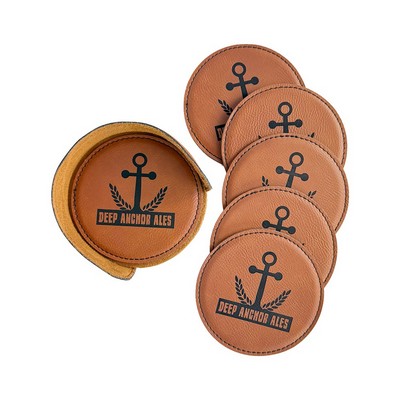 Laser Engraved Leatherette Coaster Set and Holder